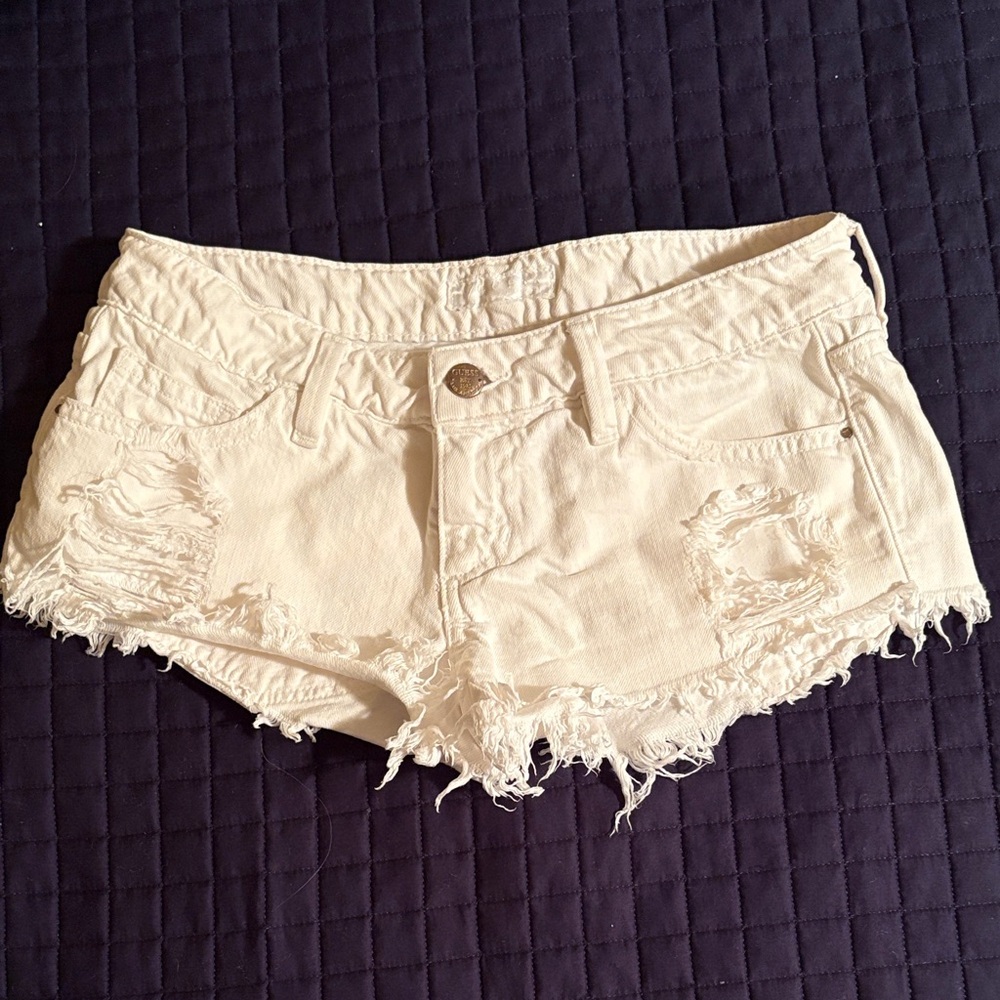 Guess Cream Distressed Jean Shorts